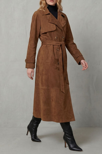 Chelsea| Suede Double Breasted Belted Trench Coat
