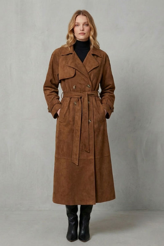 Chelsea| Suede Double Breasted Belted Trench Coat
