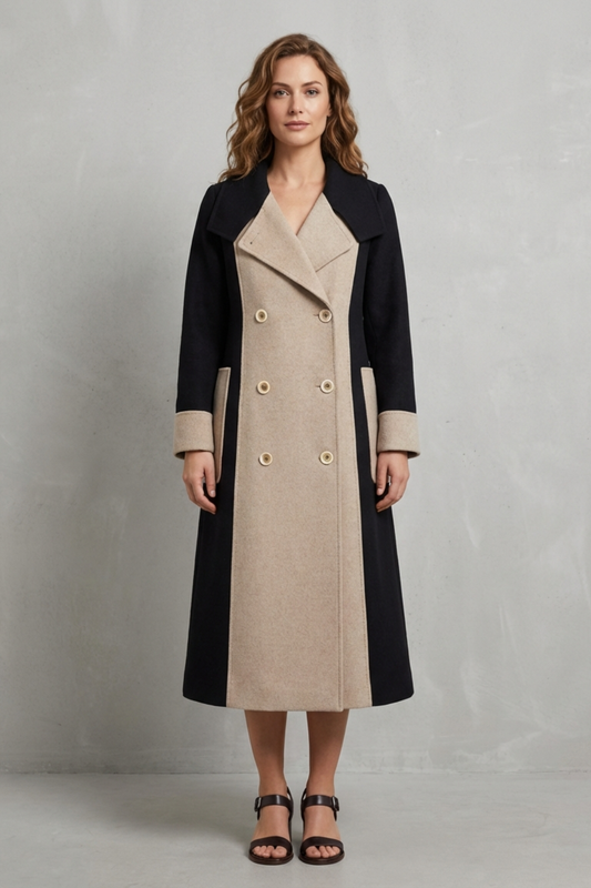 Clara | Contrast Double Breasted Tailored Long Coat