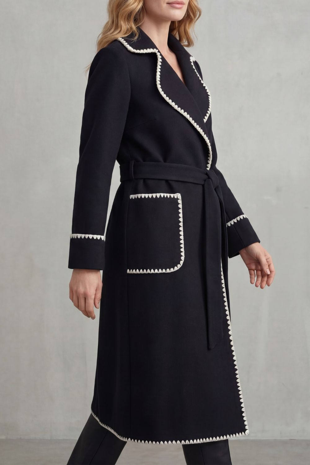 Clara | Contrast Trim Belted Longline Wrap Coat