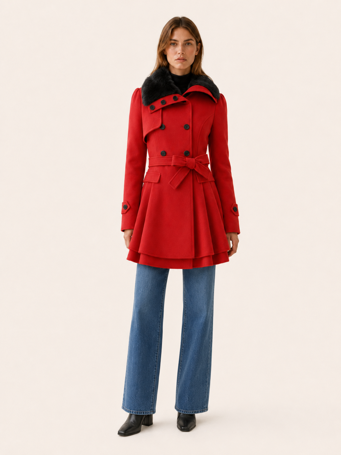Cybele | Faux Fur Collar Double Breasted Flared Trench Coat