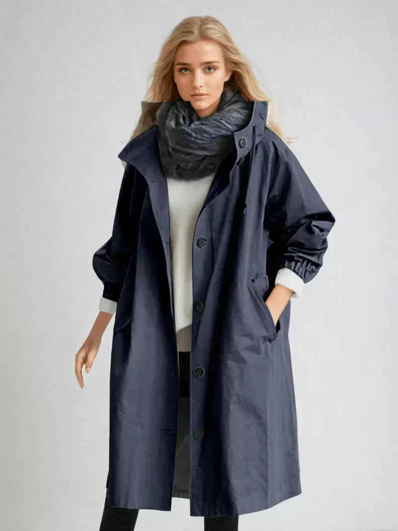 Elara | Oversized Hooded Button Up Long Raincoat