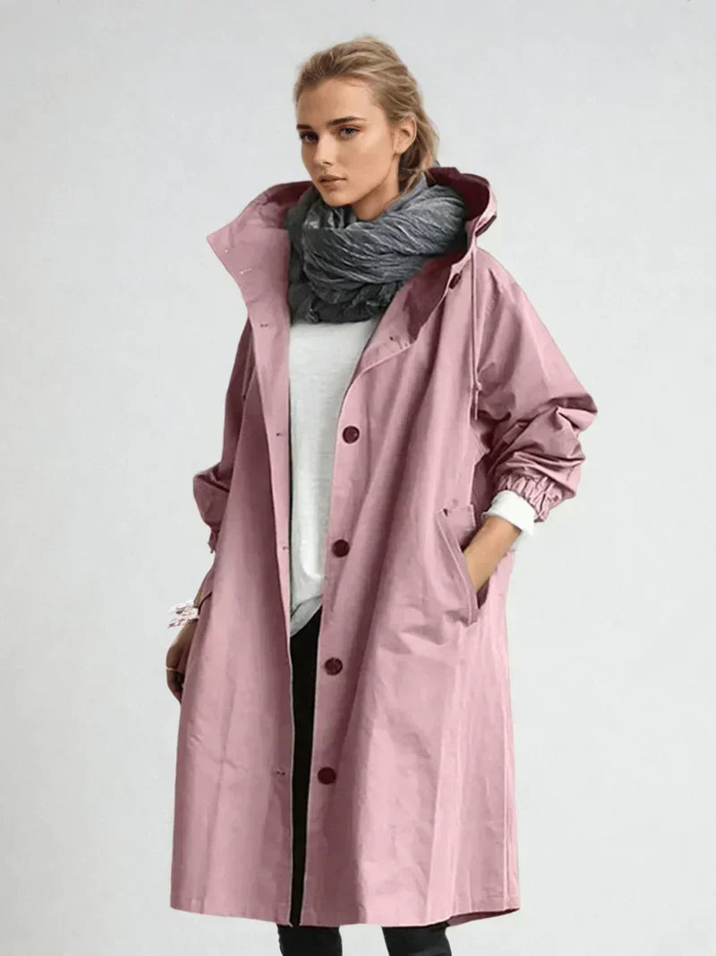 Elara | Oversized Hooded Button Up Long Raincoat