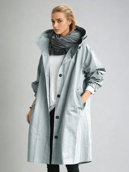 Elara | Oversized Hooded Button Up Long Raincoat