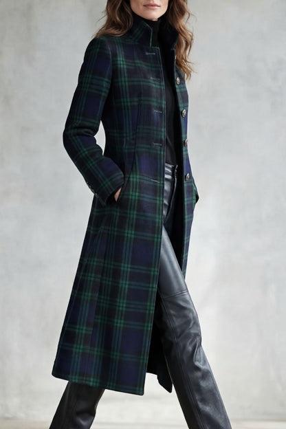 Elenor | Tartan High Neck Tailored Long Coat