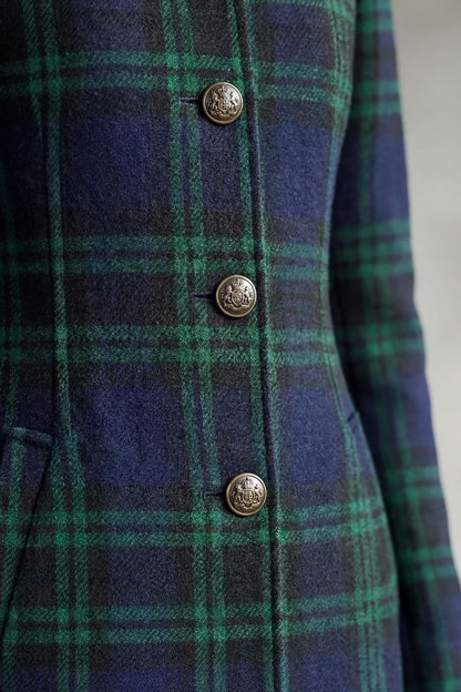 Elenor | Tartan High Neck Tailored Long Coat
