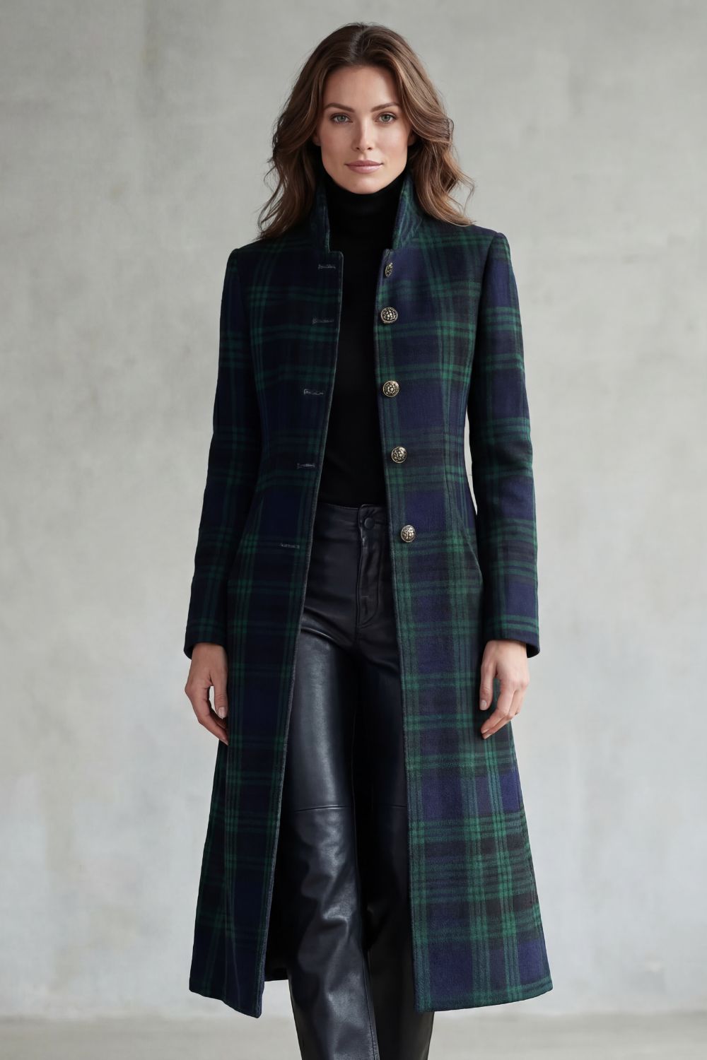 Elenor | Tartan High Neck Tailored Long Coat