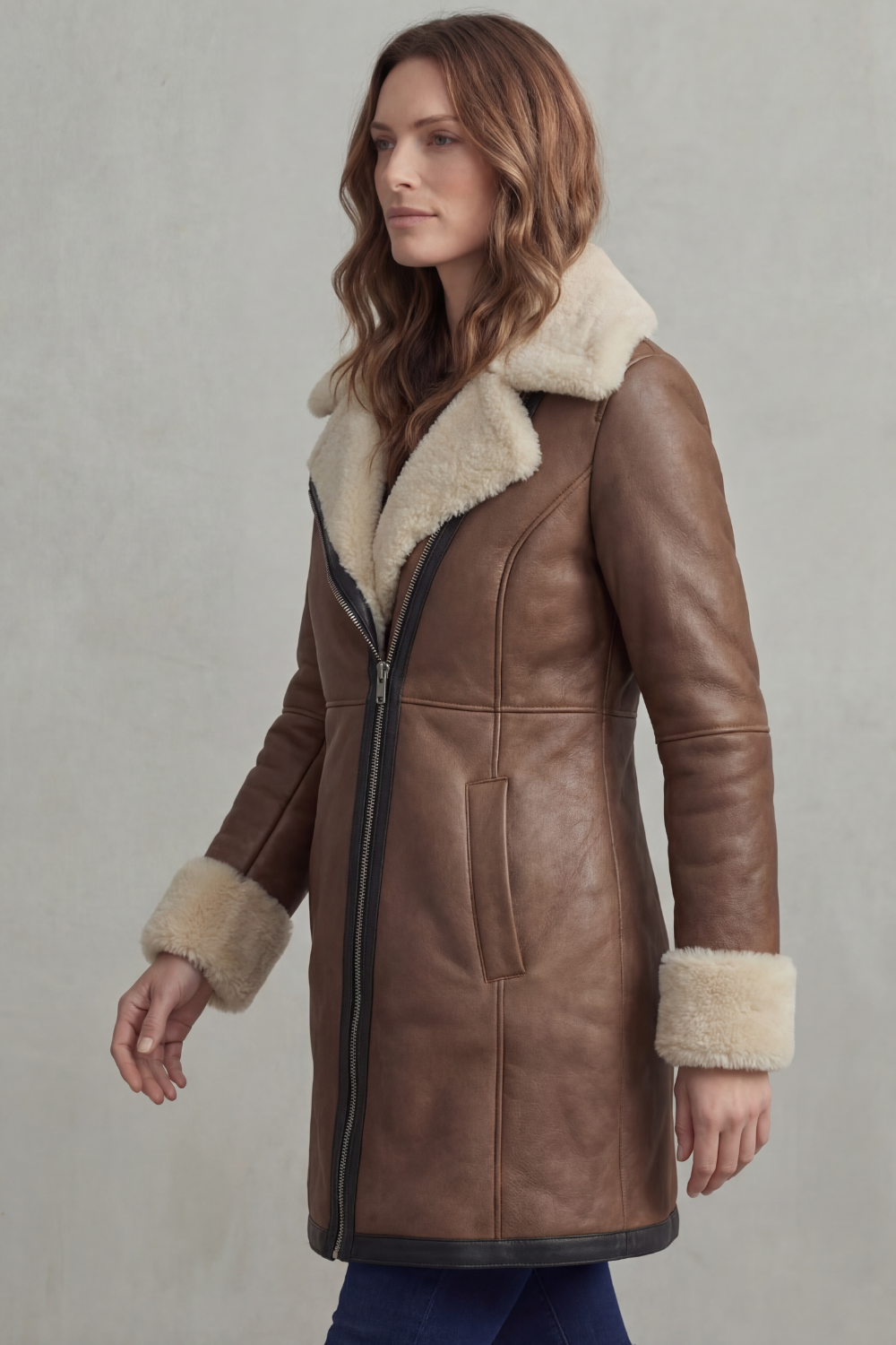 Elisara | Shearling Collar Leather Winter Coat