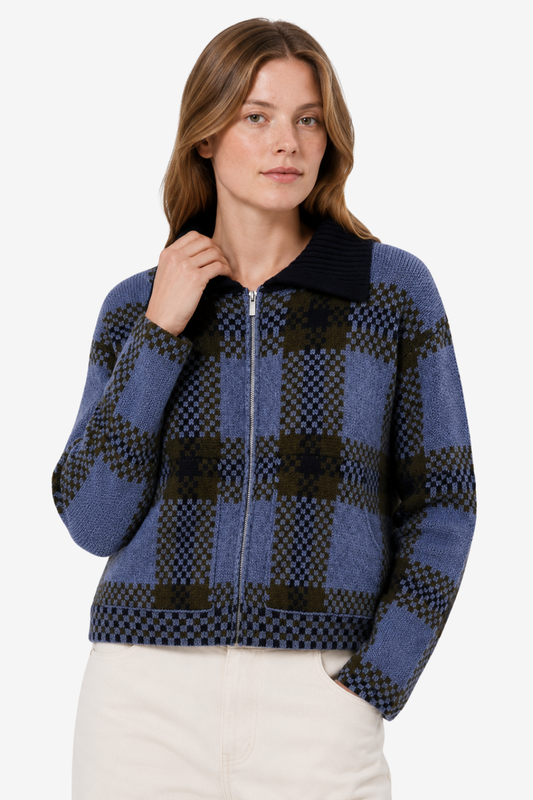 Elodie | Plaid Knit Zip Up Jacket