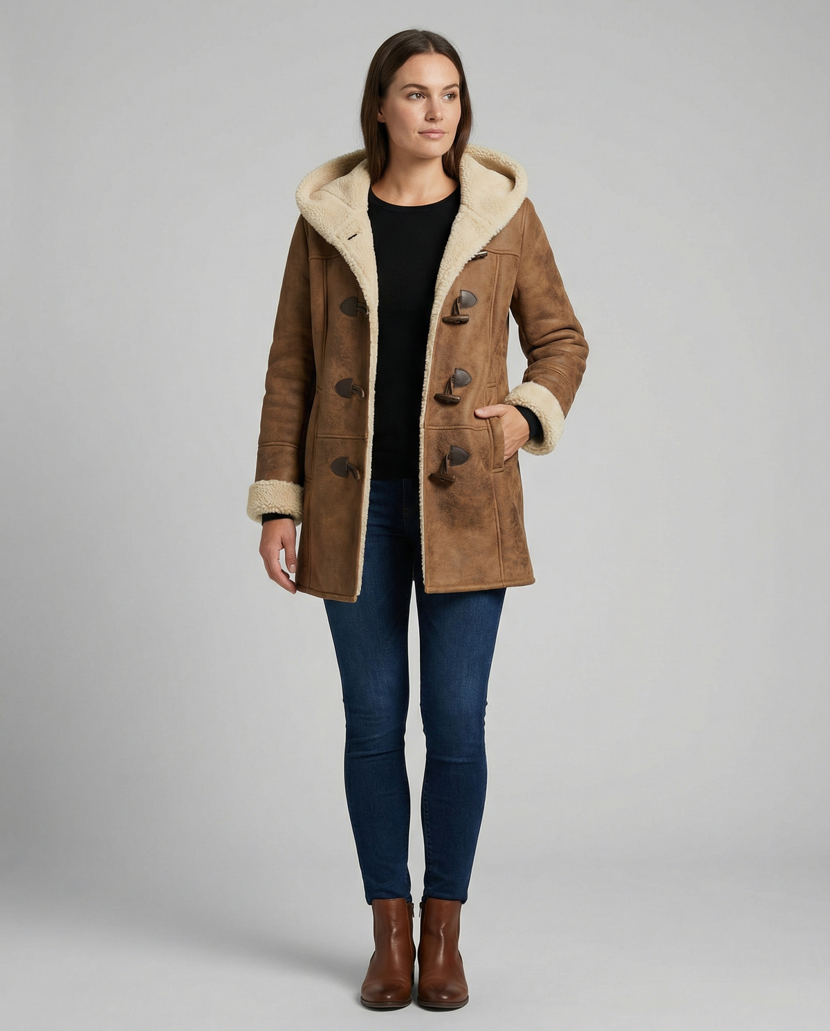 Elowen | Faux Suede Shearling Hooded Toggle Coat