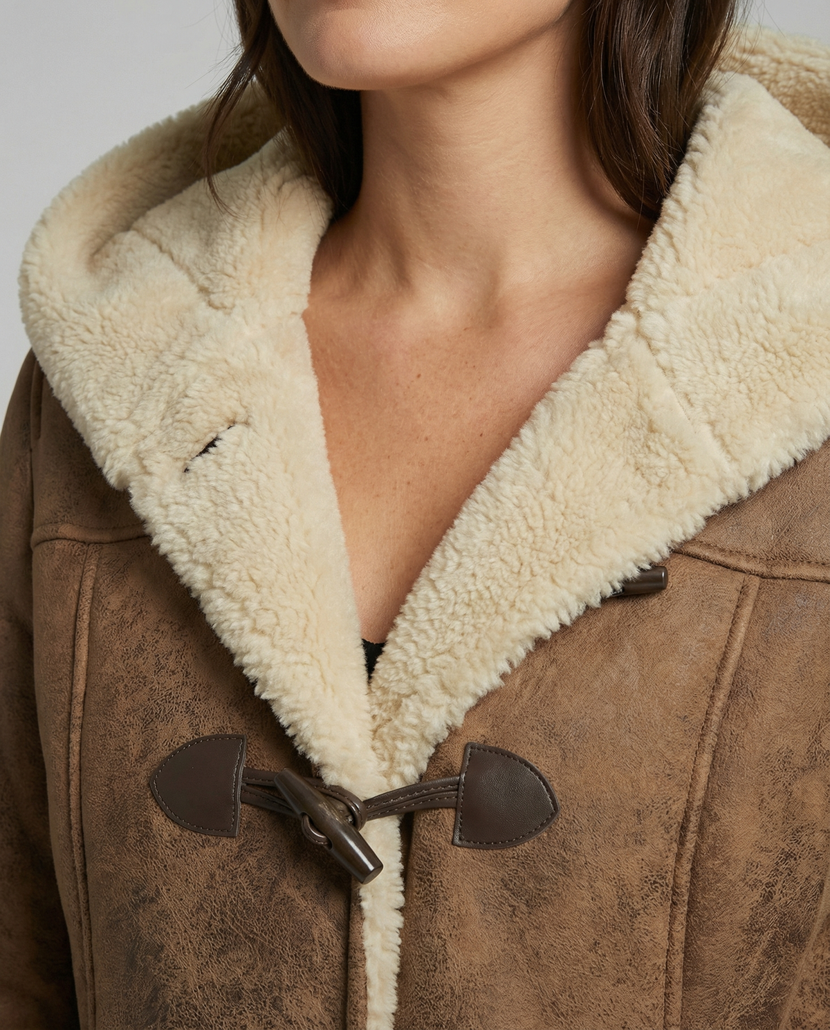 Elowen | Faux Suede Shearling Hooded Toggle Coat