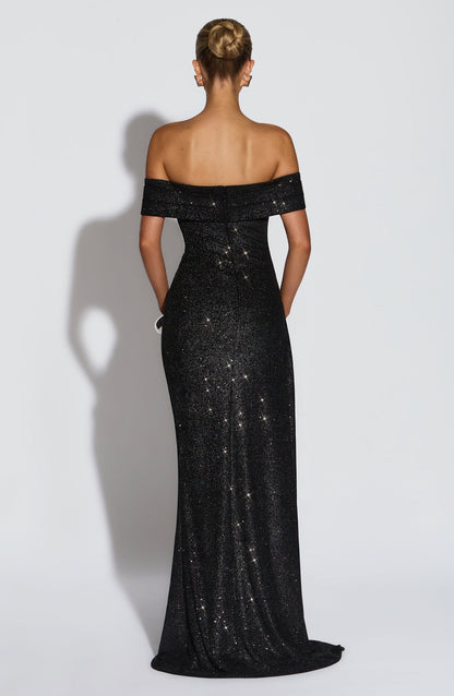 Bettina | Bardot Pleated Glitter Mesh Maxi Dress