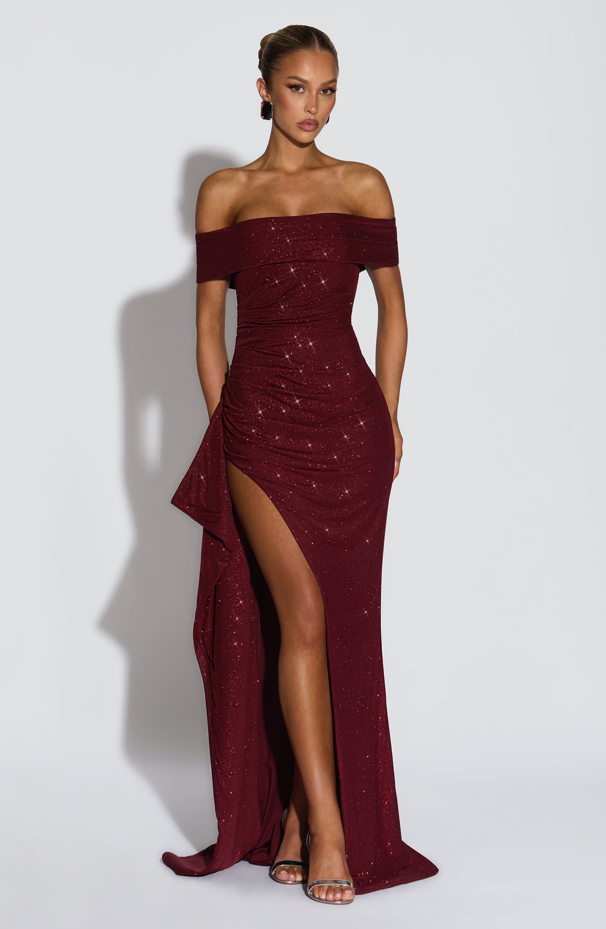 Bettina | Bardot Pleated Glitter Mesh Maxi Dress