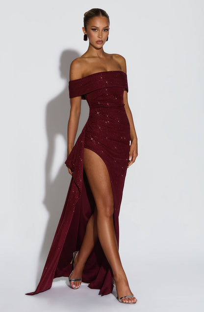 Bettina | Bardot Pleated Glitter Mesh Maxi Dress