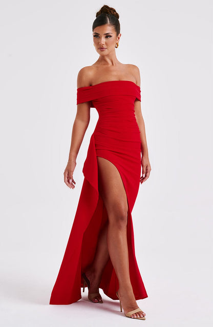 Bettina | Bardot Pleated Glitter Mesh Maxi Dress