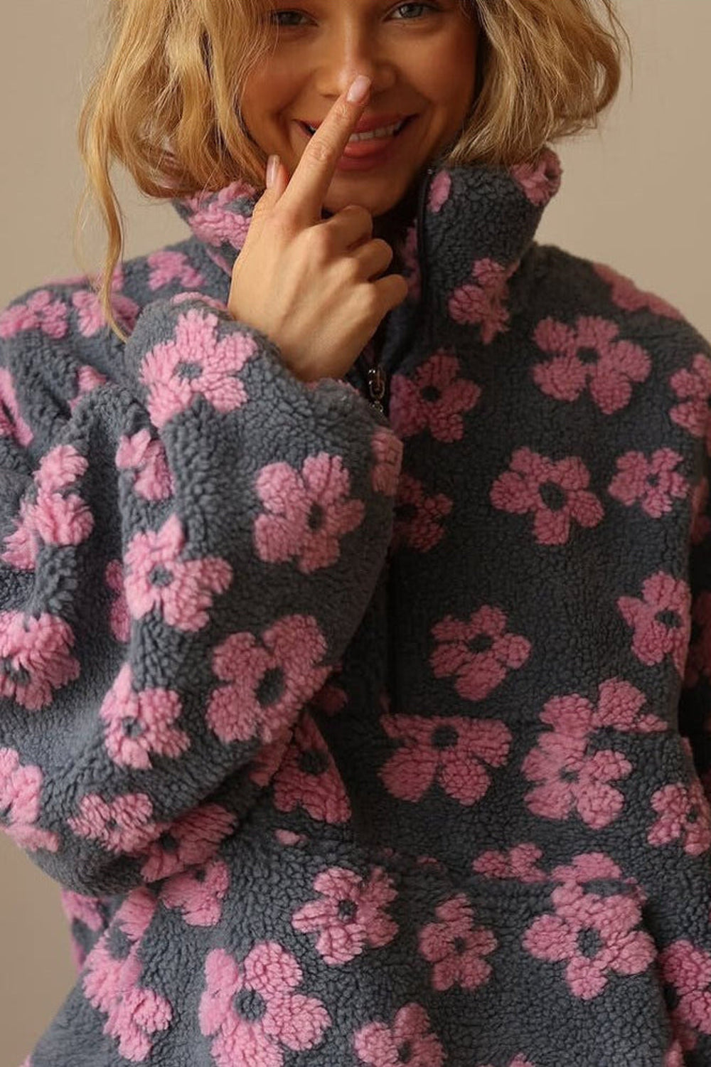 Daisy | Oversized Floral Teddy Fleece Half Zip Jacket