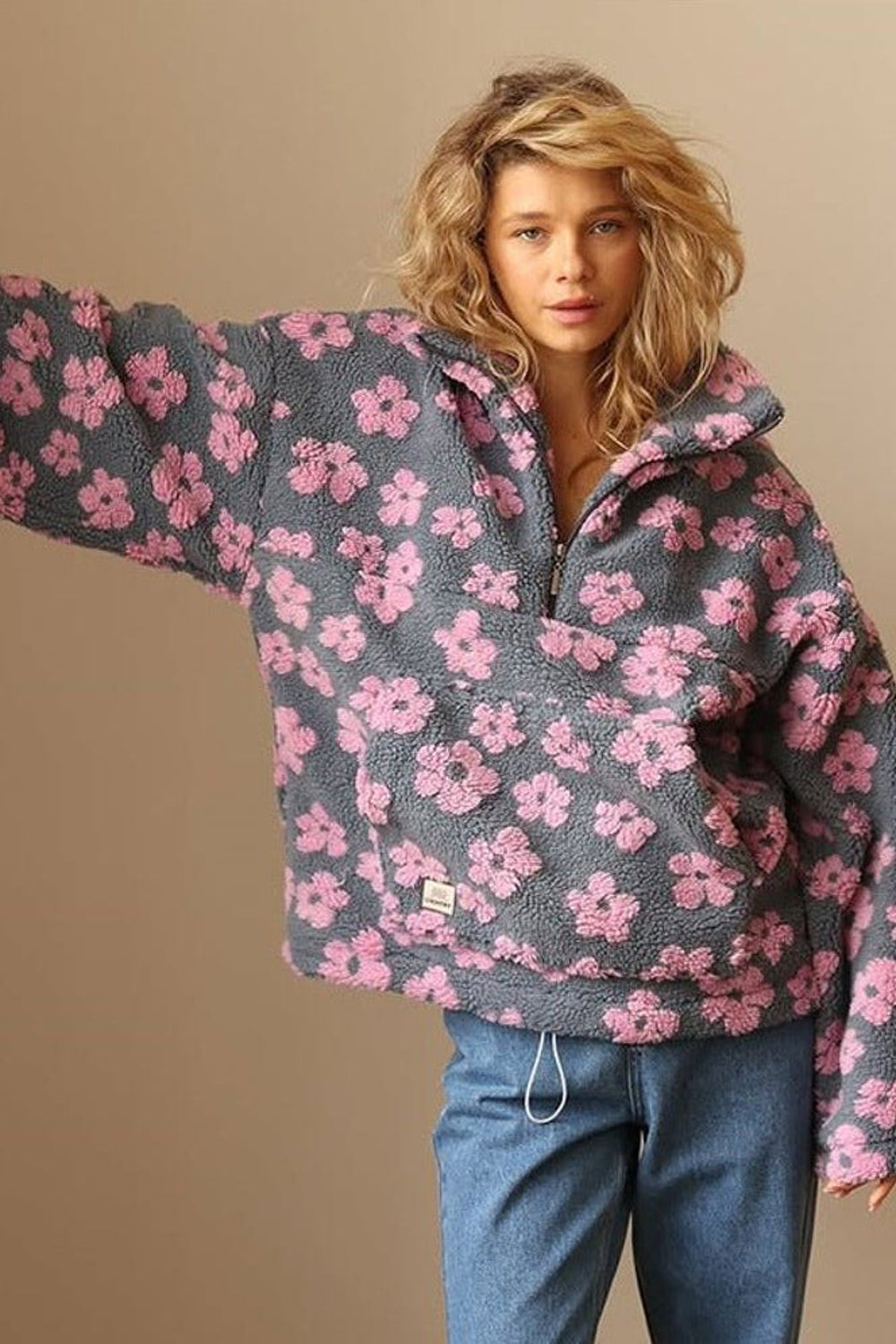Daisy | Oversized Floral Teddy Fleece Half Zip Jacket