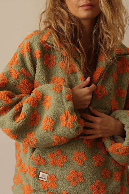 Daisy | Oversized Floral Teddy Fleece Half Zip Jacket