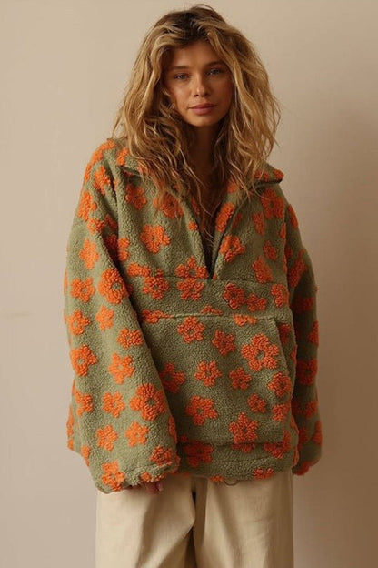Daisy | Oversized Floral Teddy Fleece Half Zip Jacket