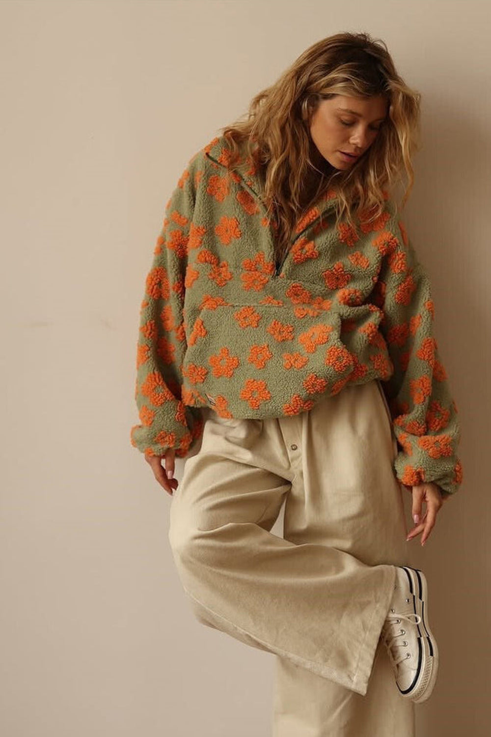Daisy | Oversized Floral Teddy Fleece Half Zip Jacket