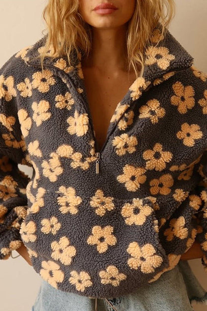Daisy | Oversized Floral Teddy Fleece Half Zip Jacket