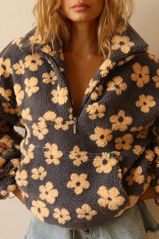 Daisy | Oversized Floral Teddy Fleece Half Zip Jacket