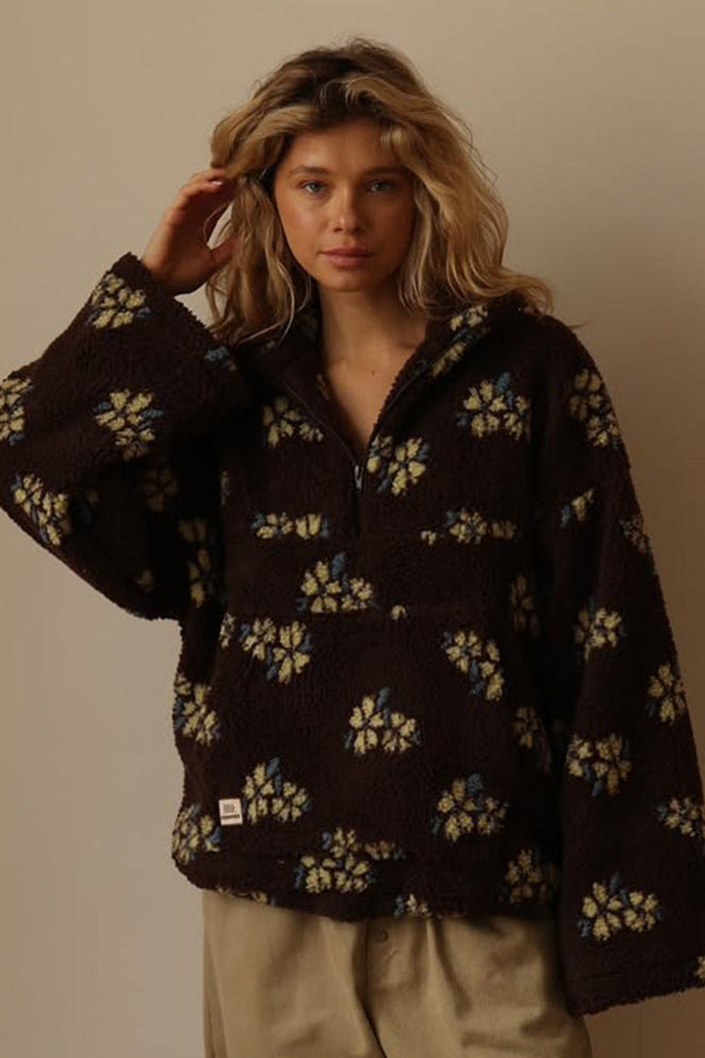 Daisy | Oversized Floral Teddy Fleece Half Zip Jacket