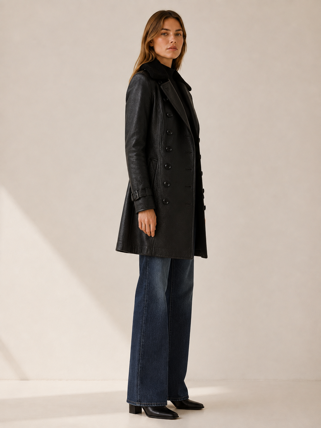 Glenda | Double Breasted Textured Tailored Long Coat