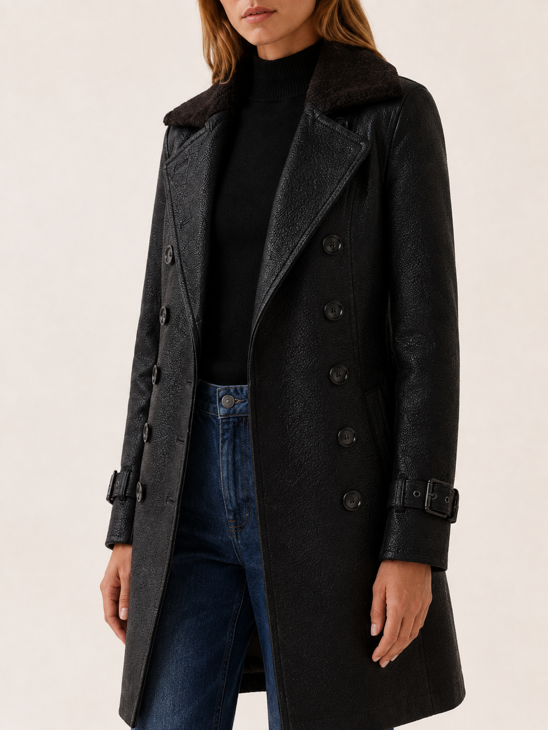 Glenda | Double Breasted Textured Tailored Long Coat