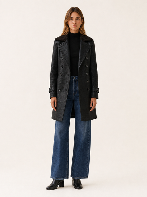 Glenda | Double Breasted Textured Tailored Long Coat