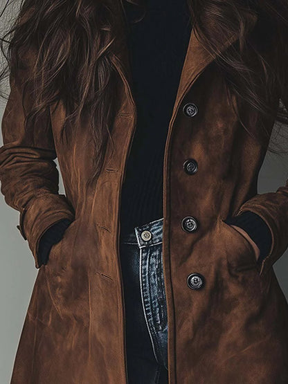 Haley | Suede Tailored Button Front Long Coat