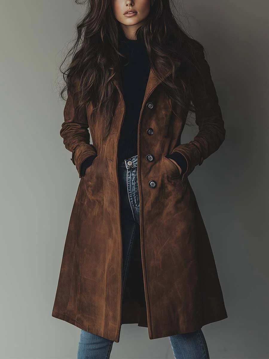 Haley | Suede Tailored Button Front Long Coat