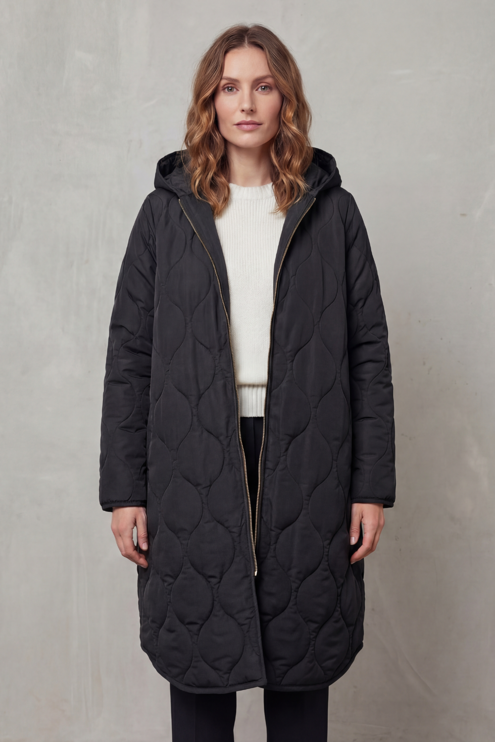 Harper | Hooded Wave Quilted Longline Puffer Coat