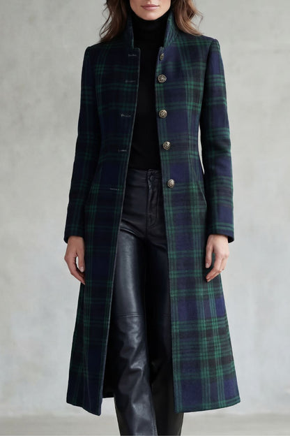 Imogen | Tartan High Neck Tailored Long Coat