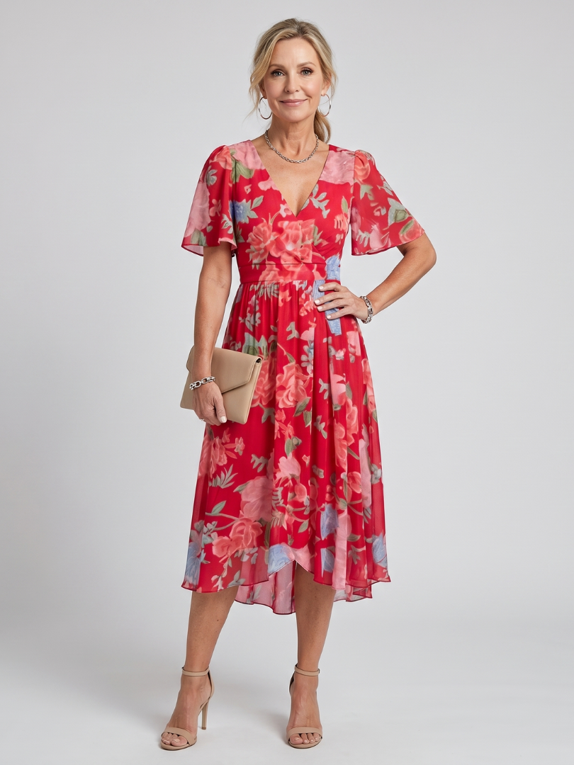 Isabella | Flutter Sleeve Gathered Waist Floral Print Midi Dress