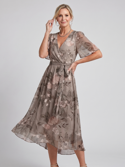 Isabella | Flutter Sleeve Gathered Waist Floral Print Midi Dress
