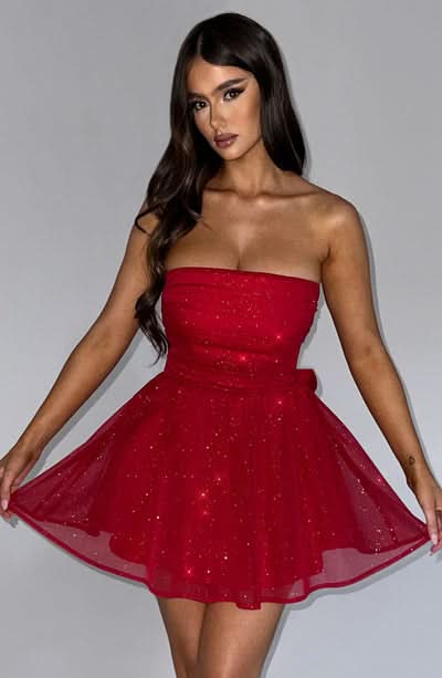 Katarina | Strapless Glitter Tulle Mini Dress
