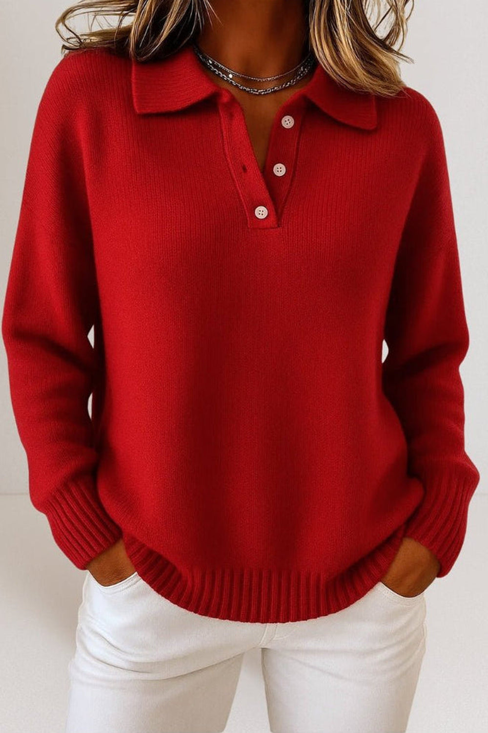Phoebe | Polo Collar Button Placket Knit Sweater