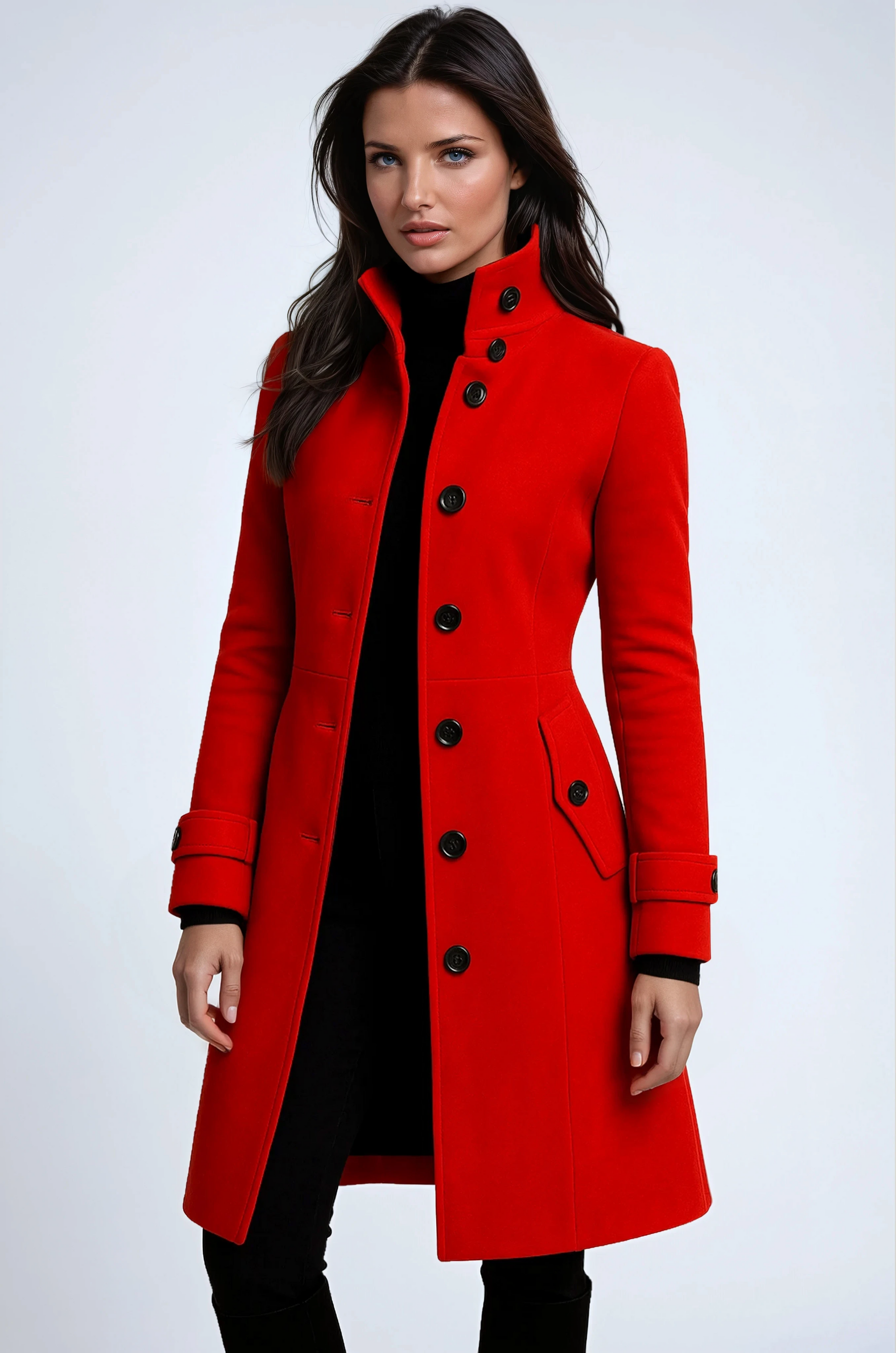 Leah | High Neck Button Long Coat