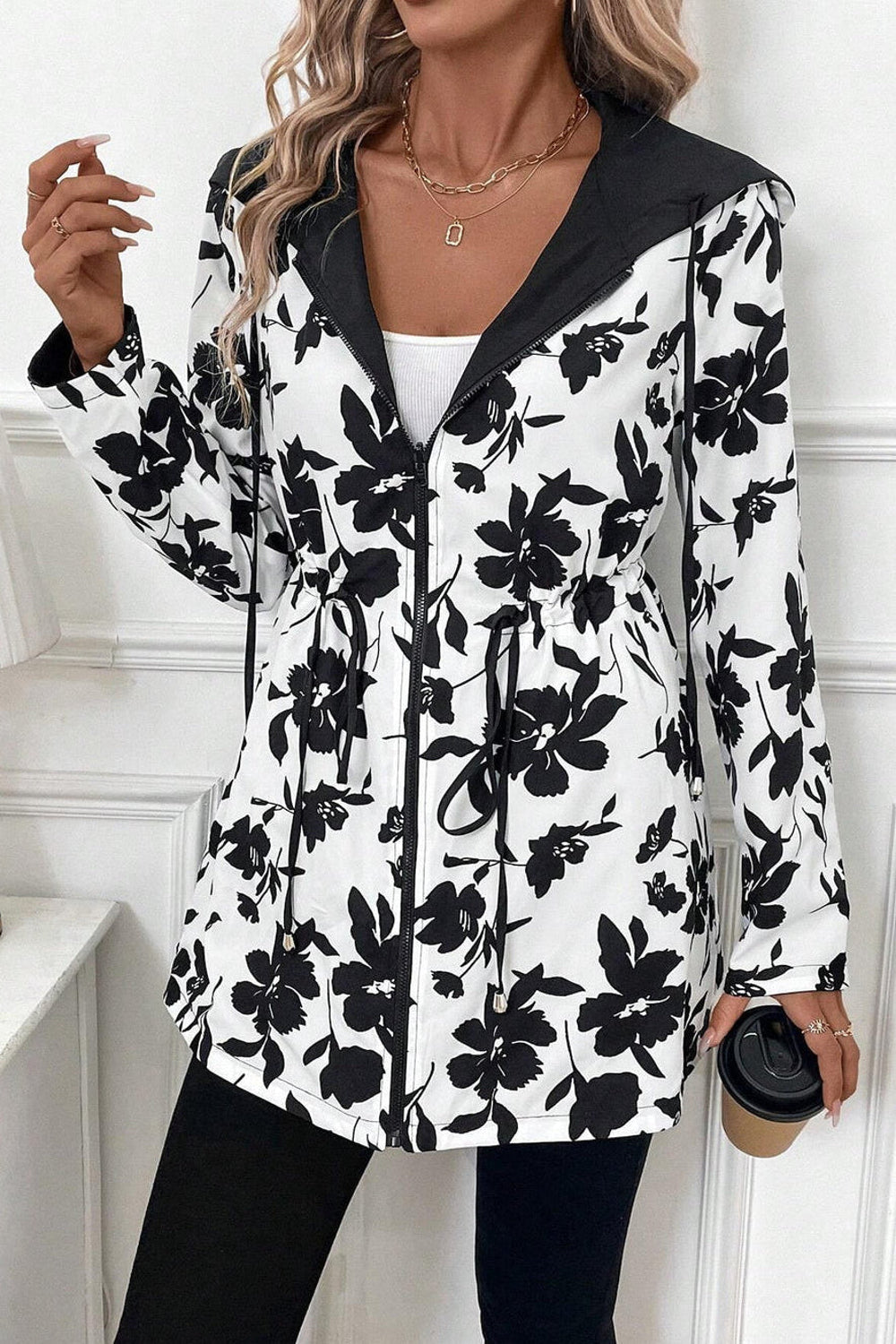 Leona | Contrast Hood Drawstring Waist Print Jacket