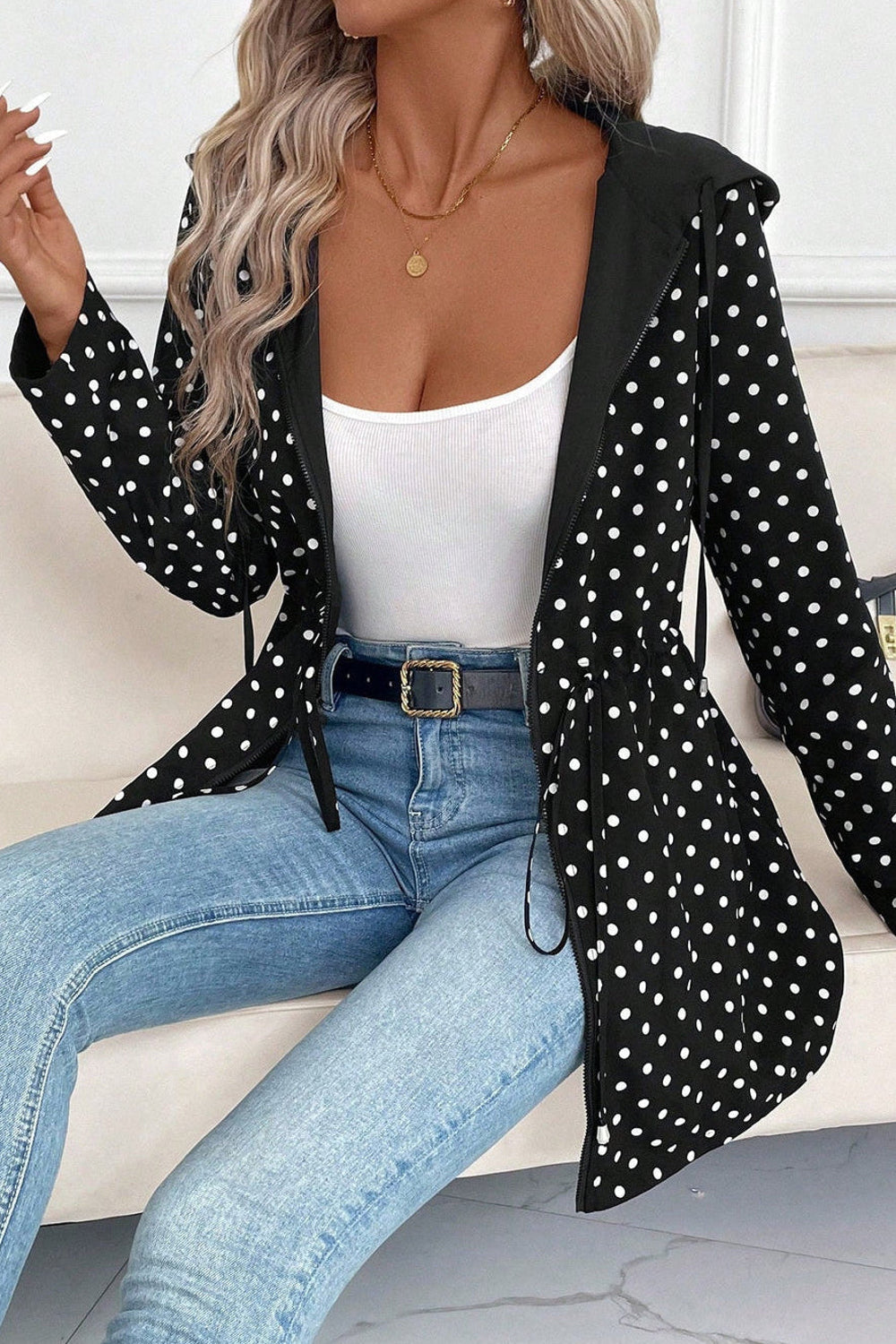 Leona | Contrast Hood Drawstring Waist Print Jacket