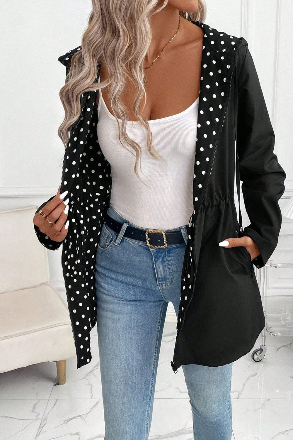 Leona | Contrast Hood Drawstring Waist Print Jacket