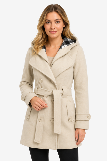 Lora | High Neck Belted Hooded Long Coat
