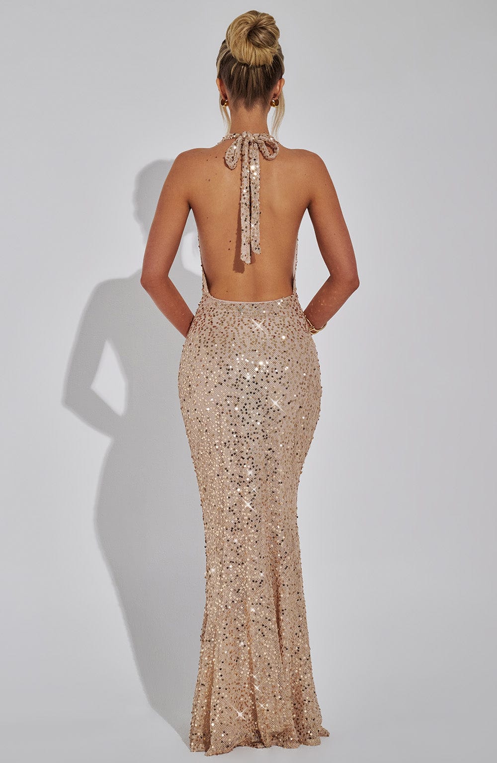 Perrine | Cowl Neck Halter Open Back Glitter Maxi Dress