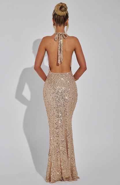 Perrine | Cowl Neck Halter Open Back Glitter Maxi Dress