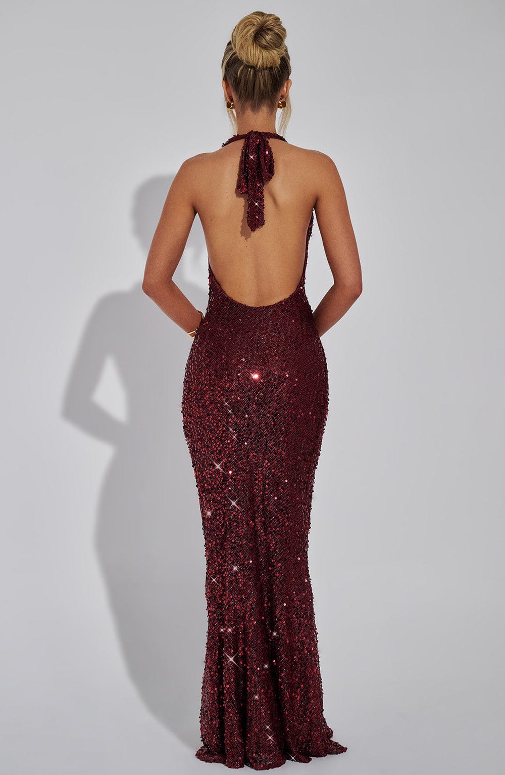 Perrine | Cowl Neck Halter Open Back Glitter Maxi Dress