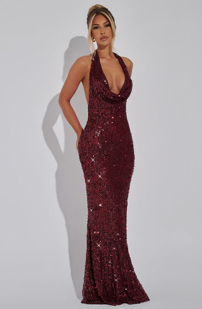 Perrine | Cowl Neck Halter Open Back Glitter Maxi Dress
