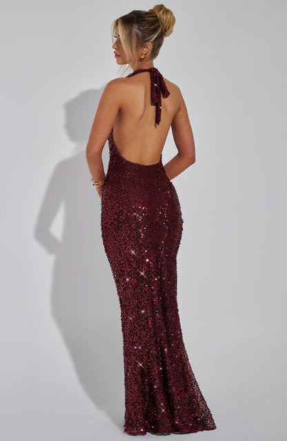 Perrine | Cowl Neck Halter Open Back Glitter Maxi Dress