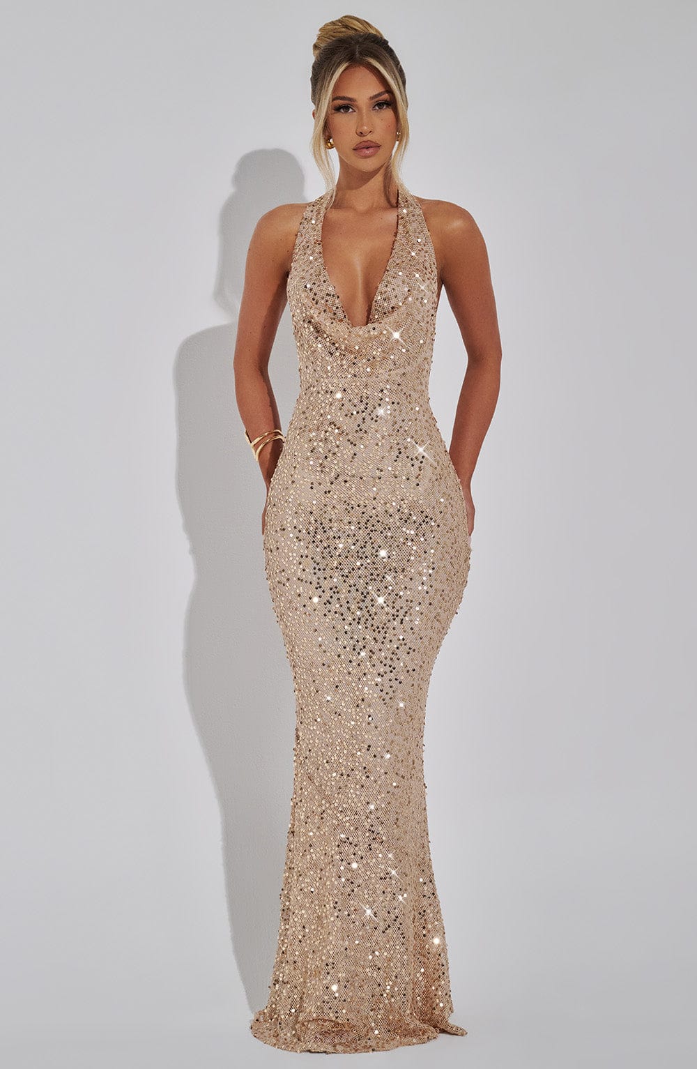 Perrine | Cowl Neck Halter Open Back Glitter Maxi Dress