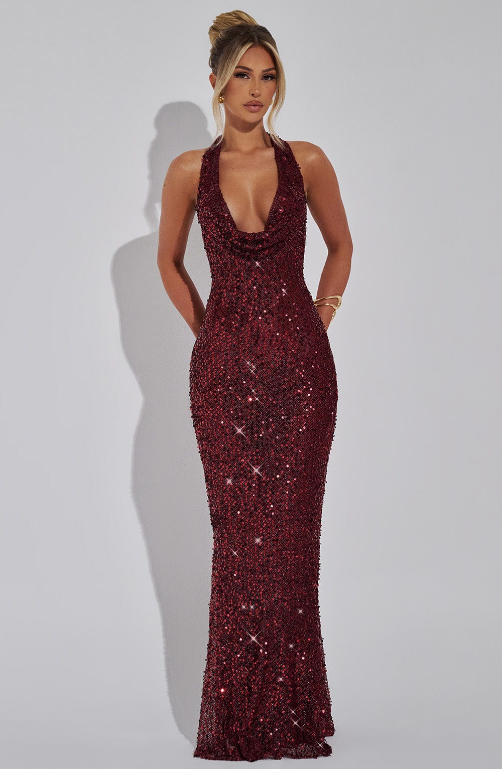 Perrine | Cowl Neck Halter Open Back Glitter Maxi Dress